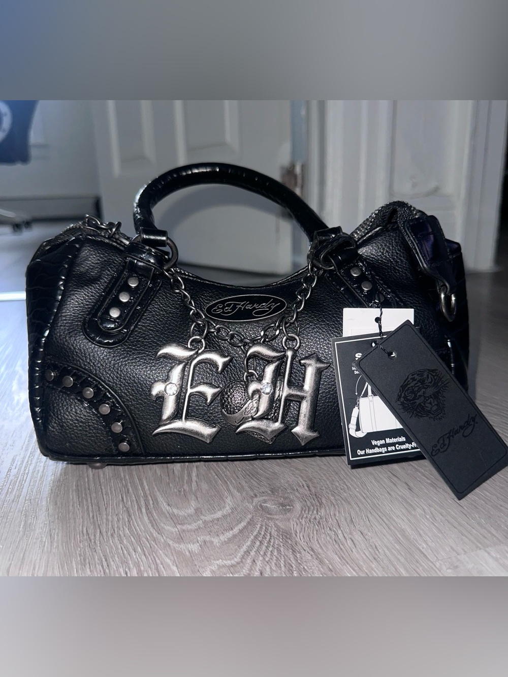 Ed Hardy Black Satchel with Silver-tone E H Logo Charms